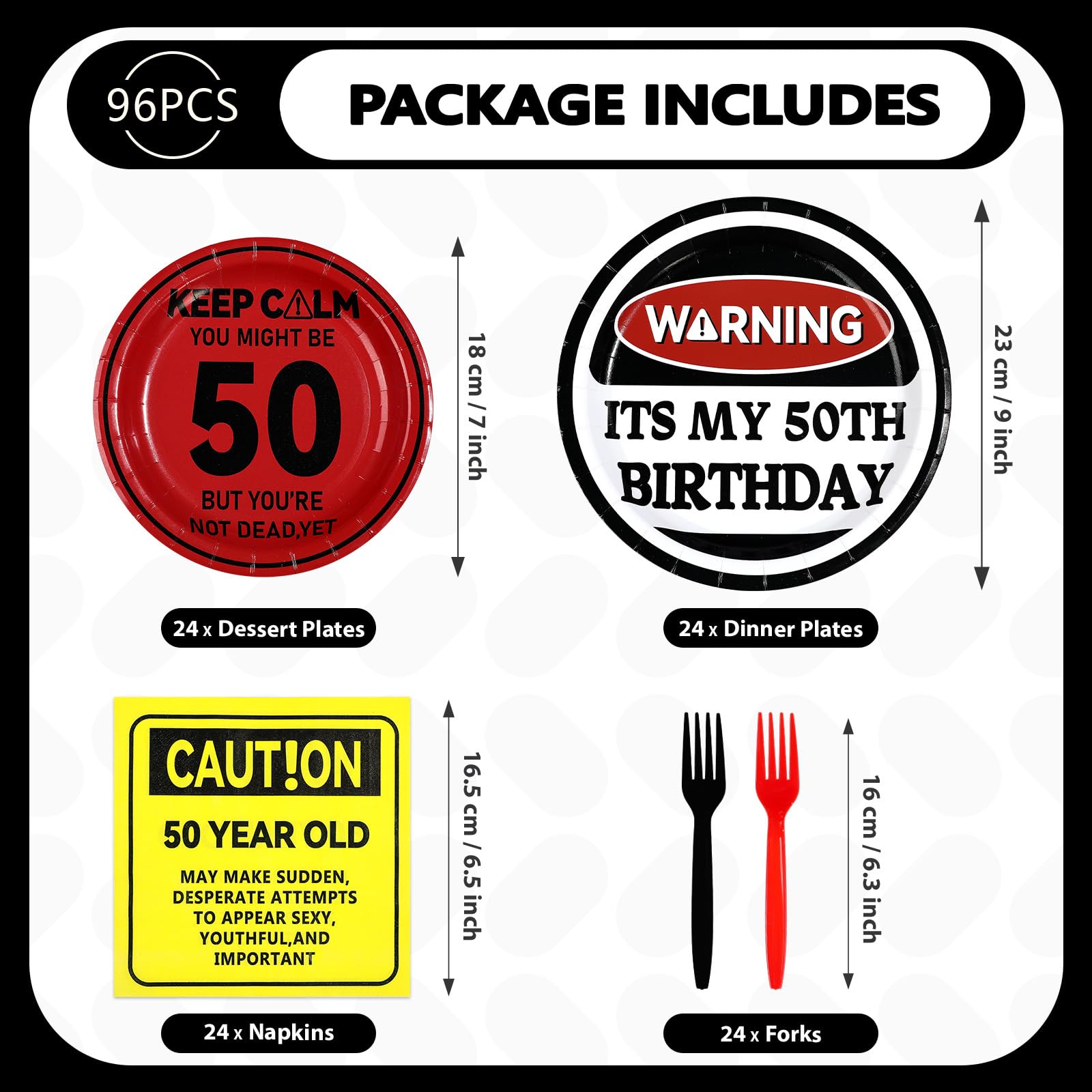 96 Pcs Caution Logos 50th Birthday Party Plates and Napkins - Grencian