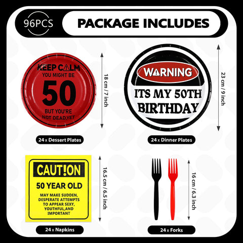 96 Pcs Caution Logos 50th Birthday Party Plates and Napkins - Grencian