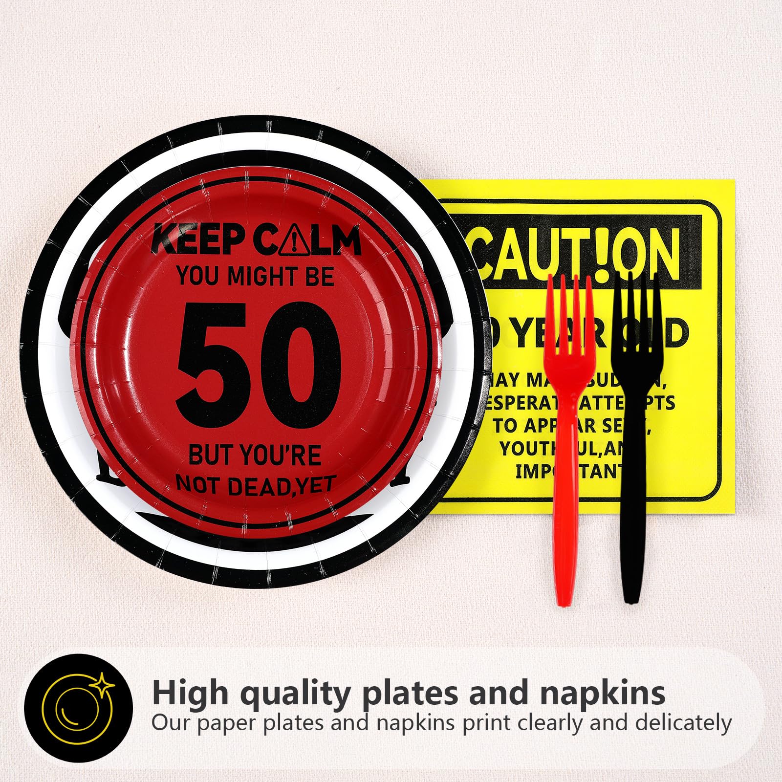 96 Pcs Caution Logos 50th Birthday Party Plates and Napkins - Grencian