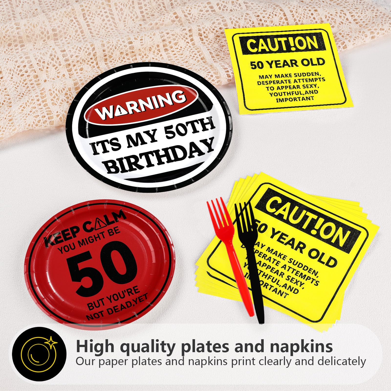 96 Pcs Caution Logos 50th Birthday Party Plates and Napkins - Grencian