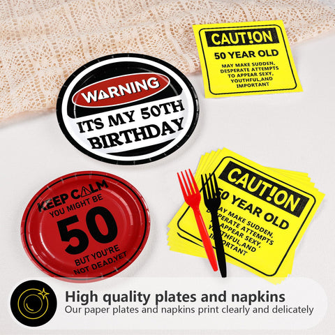 96 Pcs Caution Logos 50th Birthday Party Plates and Napkins - Grencian