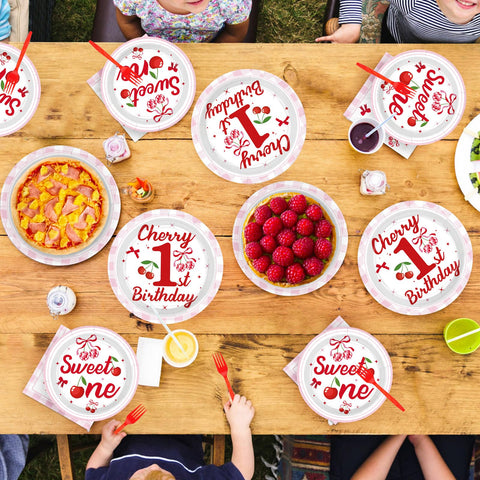 96 Pcs Cherry 1st Birthday Party Plates and Napkins - Grencian