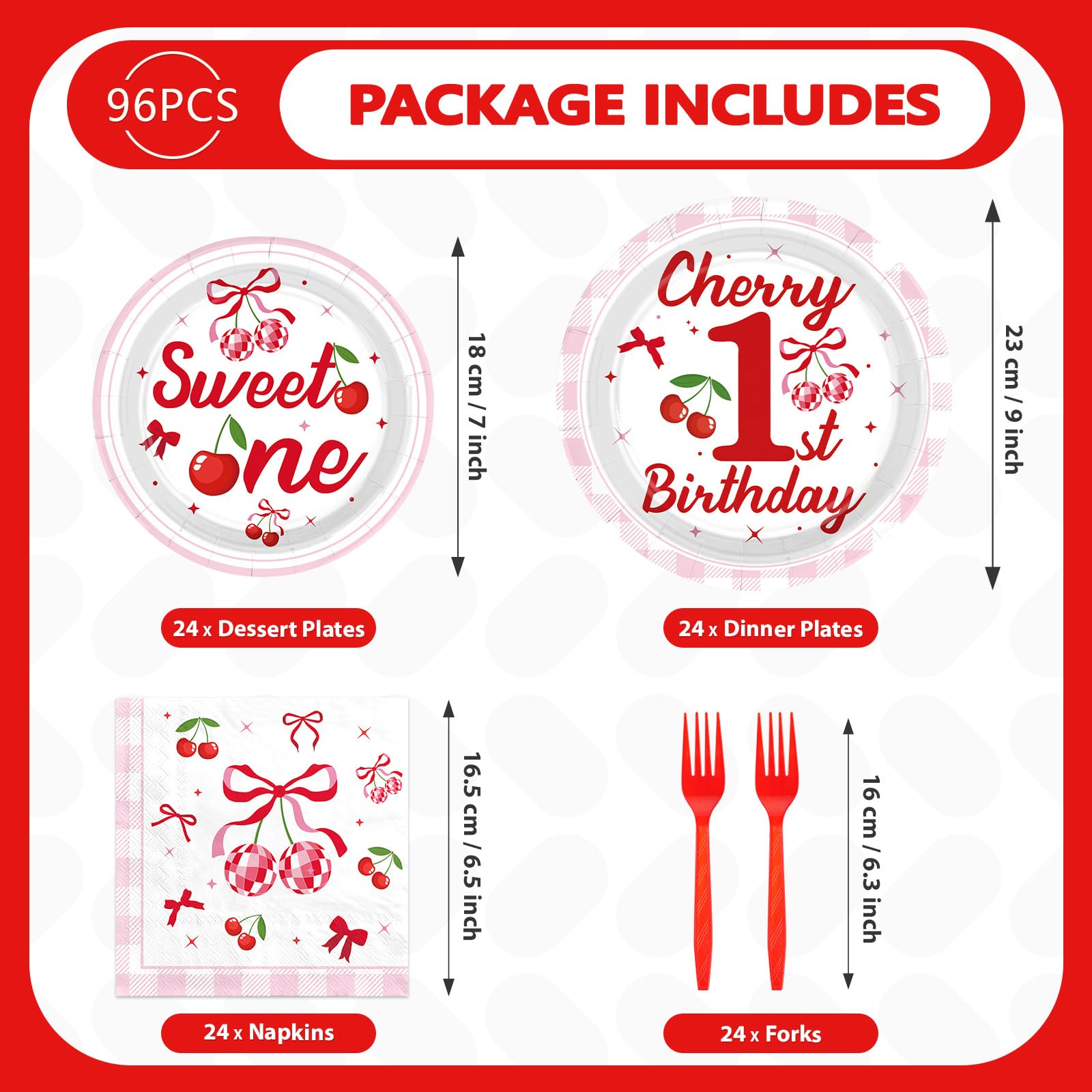 96 Pcs Cherry 1st Birthday Party Plates and Napkins - Grencian