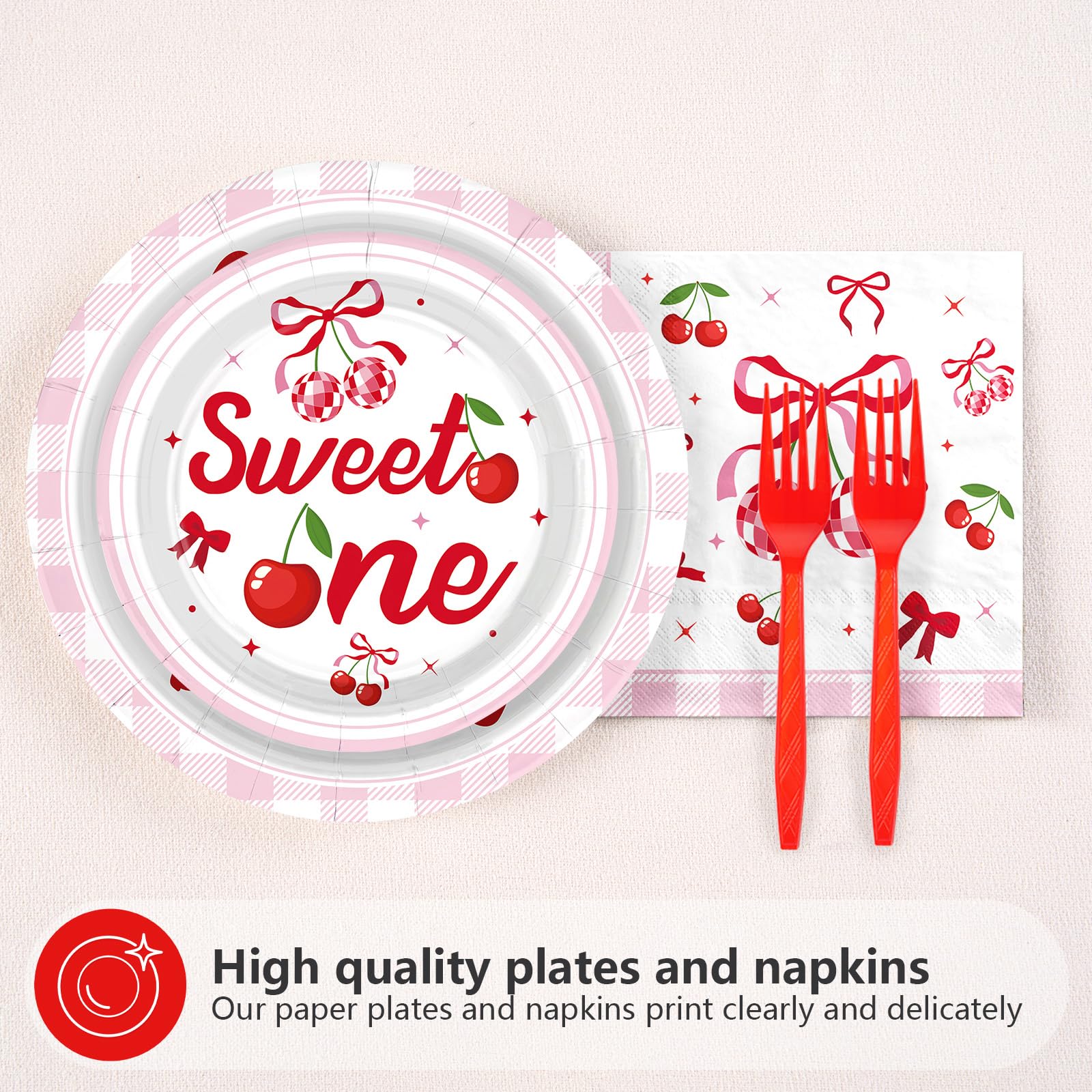 96 Pcs Cherry 1st Birthday Party Plates and Napkins - Grencian