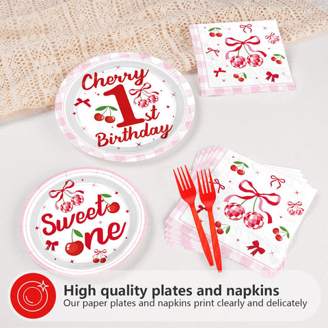 96 Pcs Cherry 1st Birthday Party Plates and Napkins - Grencian