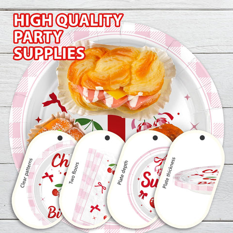 96 Pcs Cherry 1st Birthday Party Plates and Napkins - Grencian