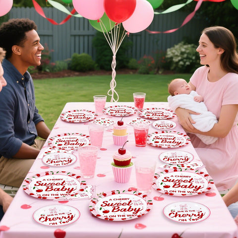 96 Pcs Cherry Baby Shower Party Plates and Napkins - Grencian