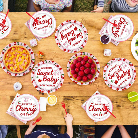 96 Pcs Cherry Baby Shower Party Plates and Napkins - Grencian