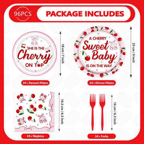 96 Pcs Cherry Baby Shower Party Plates and Napkins - Grencian