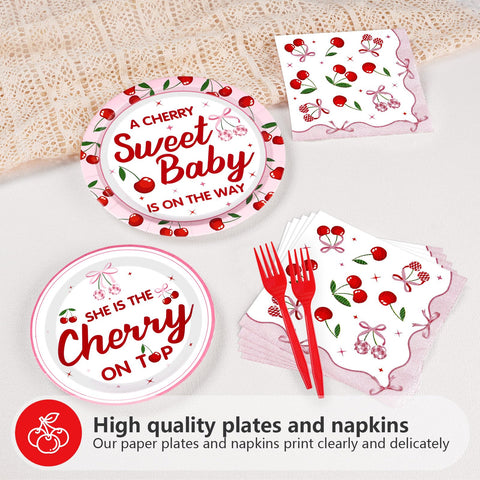96 Pcs Cherry Baby Shower Party Plates and Napkins - Grencian