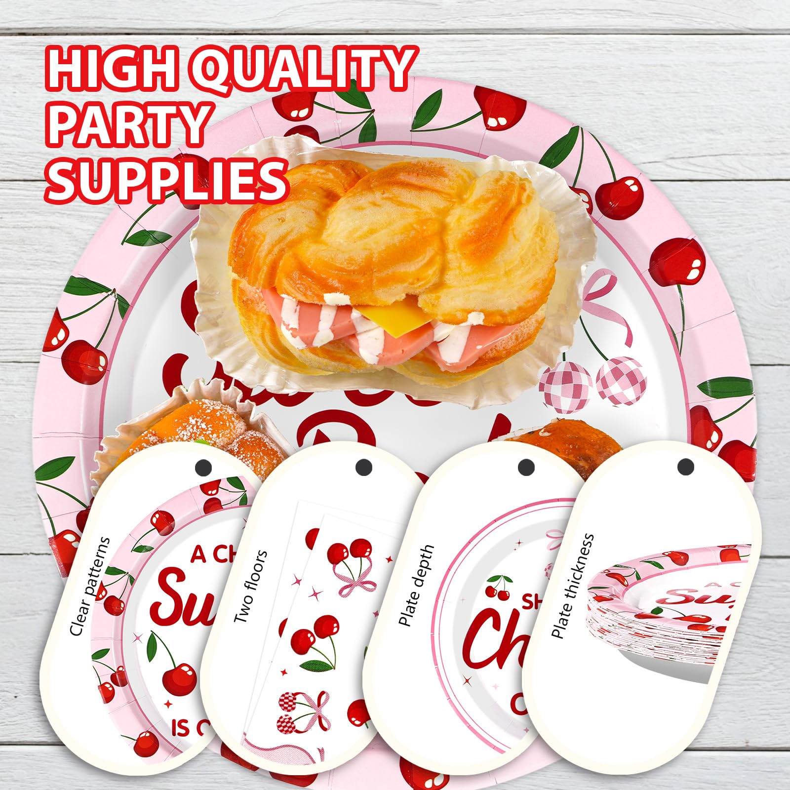 96 Pcs Cherry Baby Shower Party Plates and Napkins - Grencian
