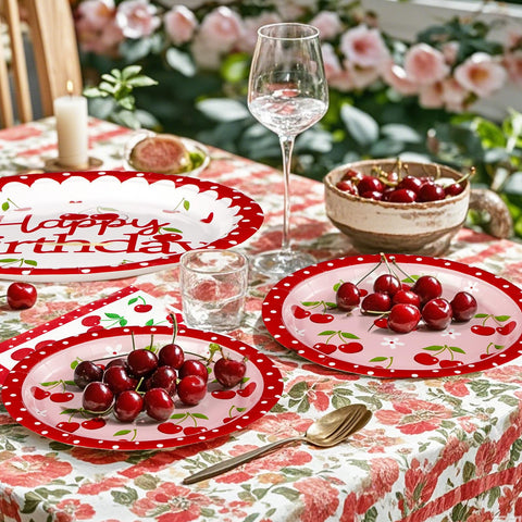 96 Pcs Cherry Birthday Party Plates and Napkins - Grencian