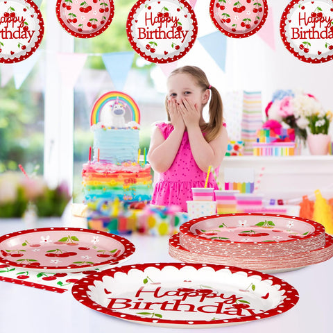 96 Pcs Cherry Birthday Party Plates and Napkins - Grencian