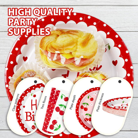 96 Pcs Cherry Birthday Party Plates and Napkins - Grencian