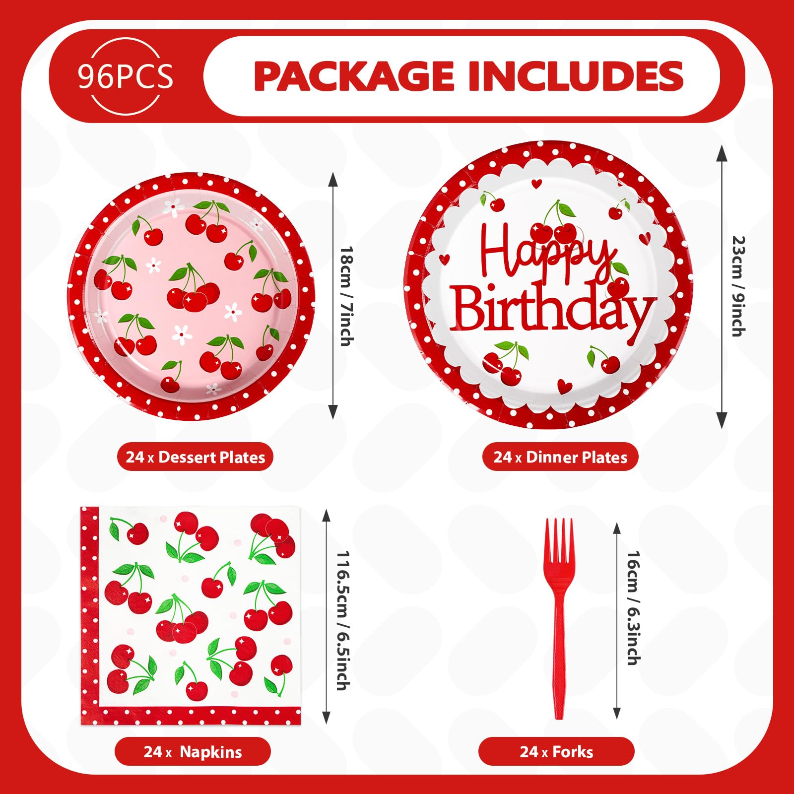 96 Pcs Cherry Birthday Party Plates and Napkins - Grencian
