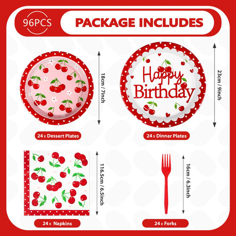 96 Pcs Cherry Birthday Party Plates and Napkins - Grencian