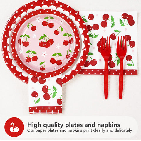 96 Pcs Cherry Birthday Party Plates and Napkins - Grencian