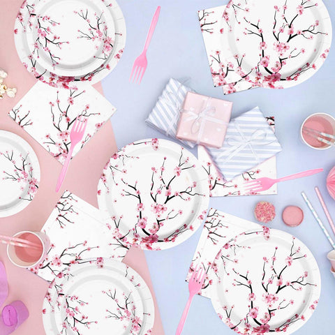 96 Pcs Cherry Blossom Party Plates and Napkins - Grencian