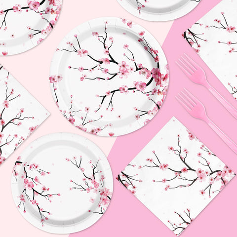 96 Pcs Cherry Blossom Party Plates and Napkins - Grencian
