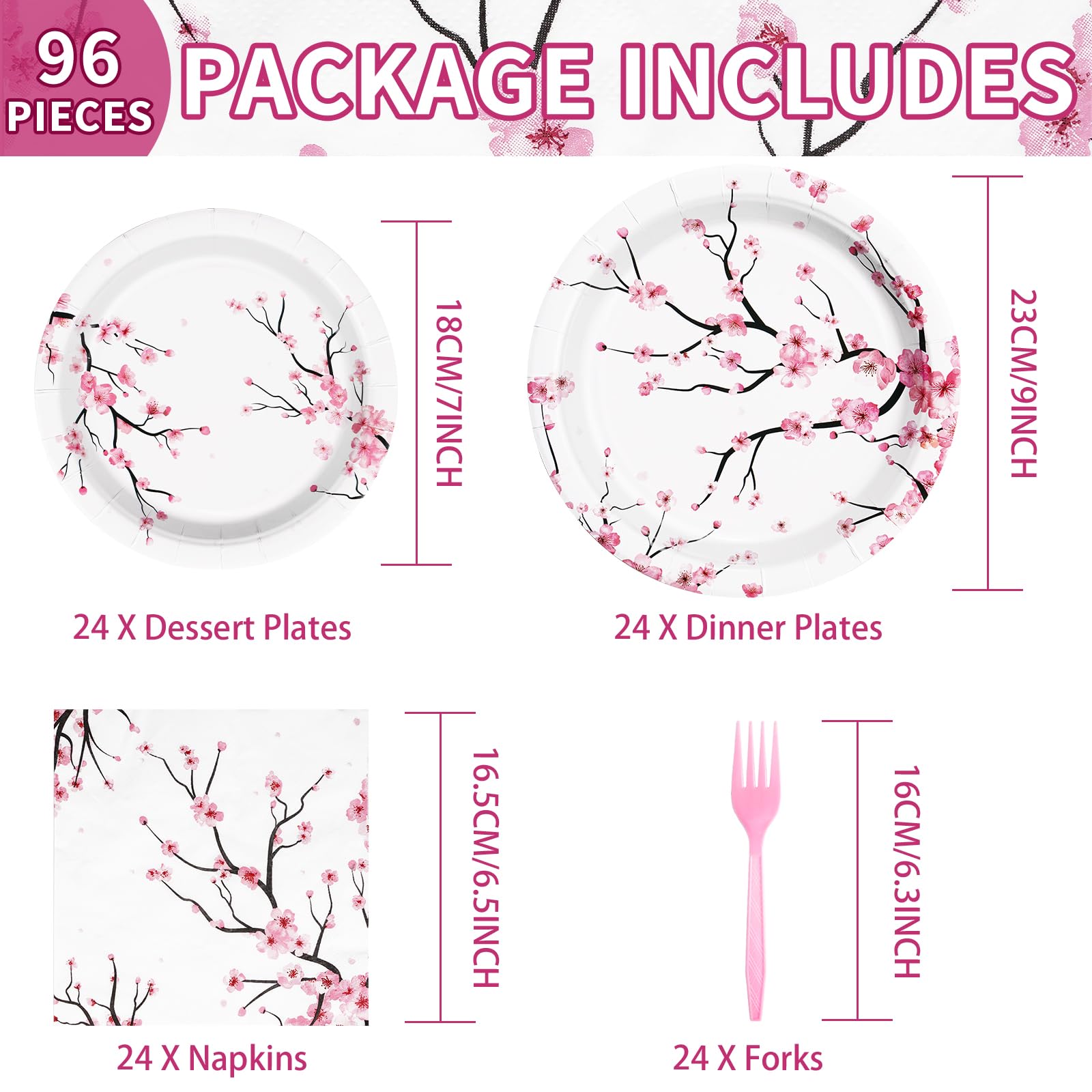 96 Pcs Cherry Blossom Party Plates and Napkins - Grencian