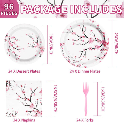 96 Pcs Cherry Blossom Party Plates and Napkins - Grencian