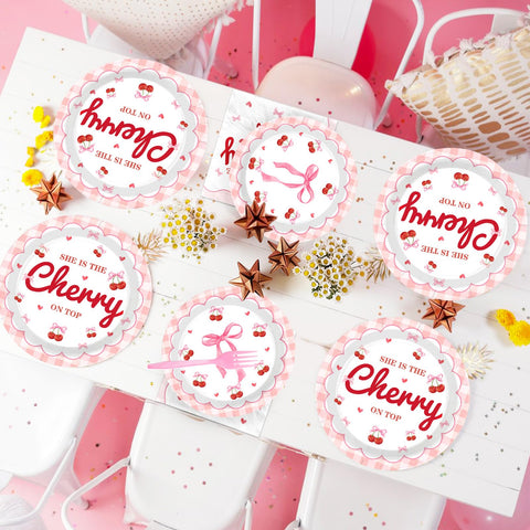 96 Pcs Cherry Pink Bow Party Plates and Napkins - Grencian