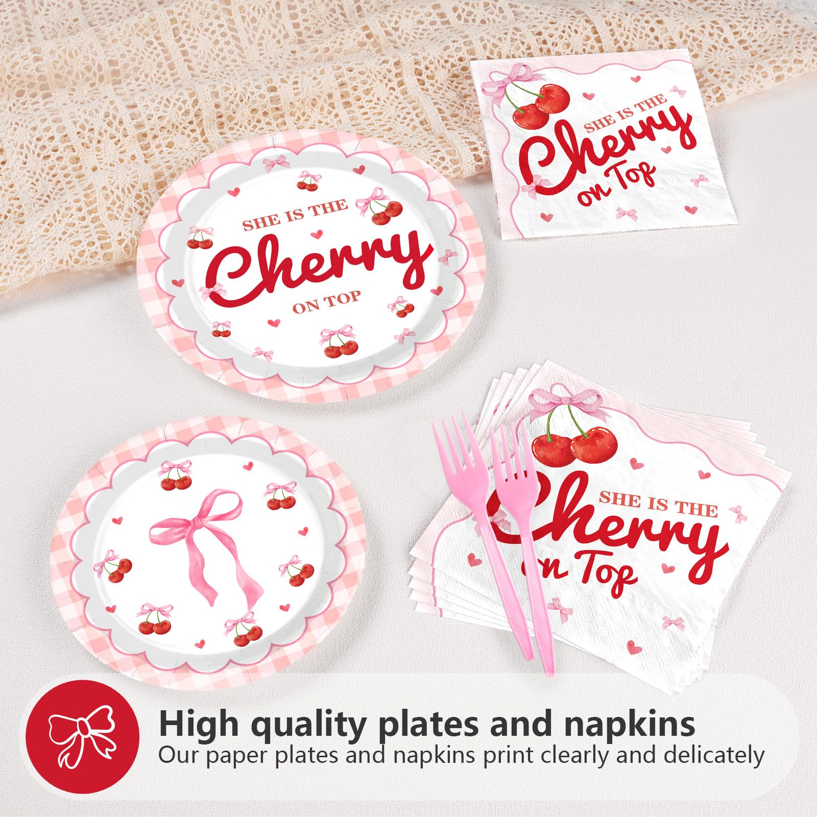 96 Pcs Cherry Pink Bow Party Plates and Napkins - Grencian