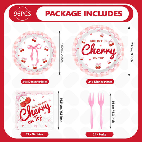 96 Pcs Cherry Pink Bow Party Plates and Napkins - Grencian
