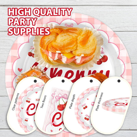 96 Pcs Cherry Pink Bow Party Plates and Napkins - Grencian