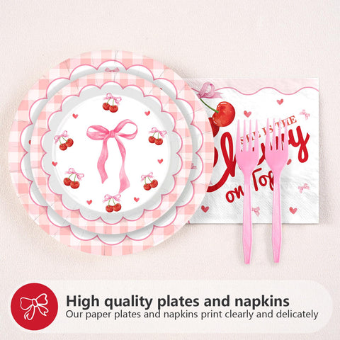 96 Pcs Cherry Pink Bow Party Plates and Napkins - Grencian