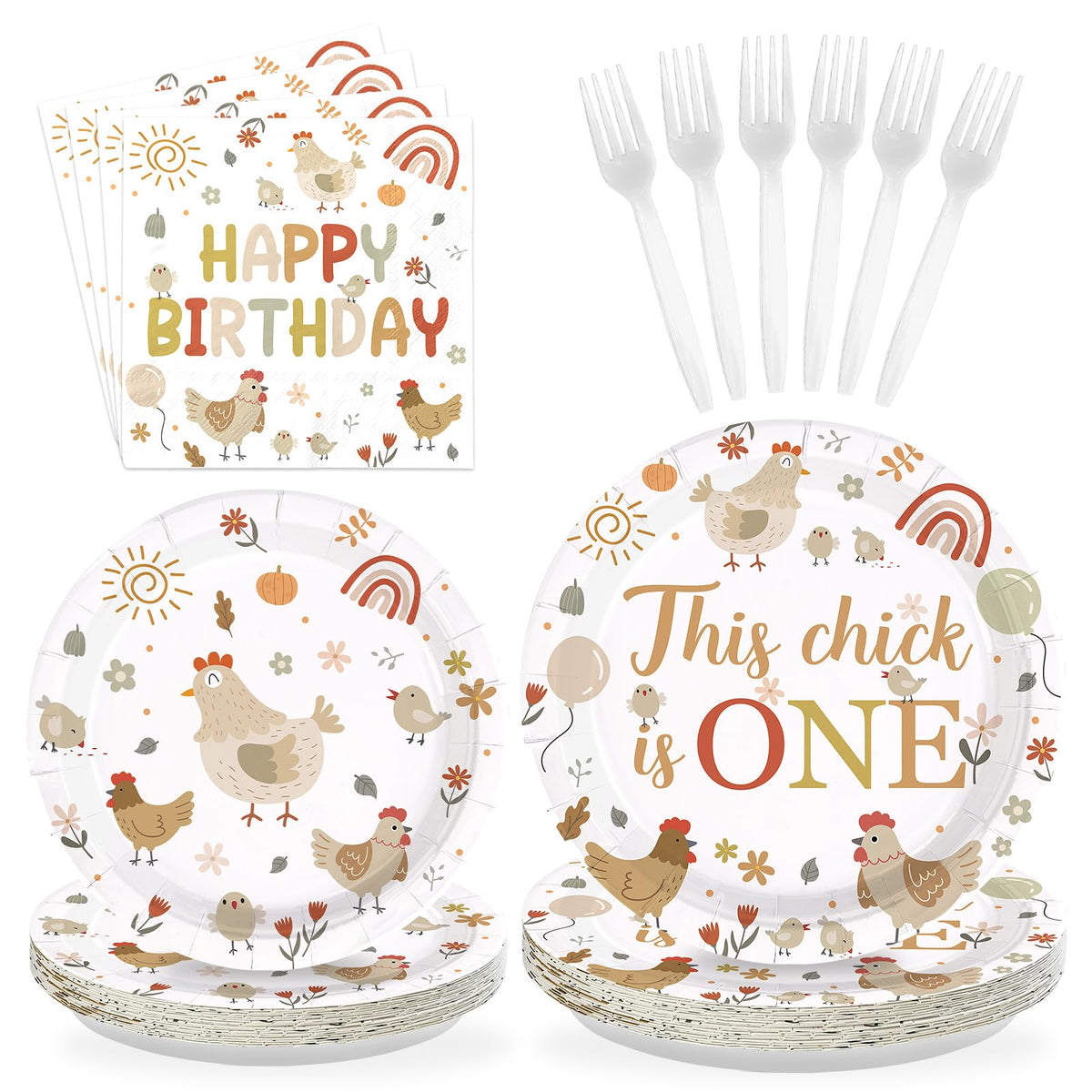 96 Pcs Chicken 1st Birthday Party Plates and Napkins - Grencian