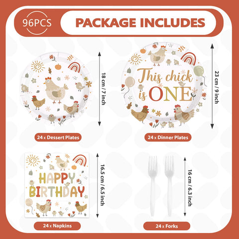 96 Pcs Chicken 1st Birthday Party Plates and Napkins - Grencian
