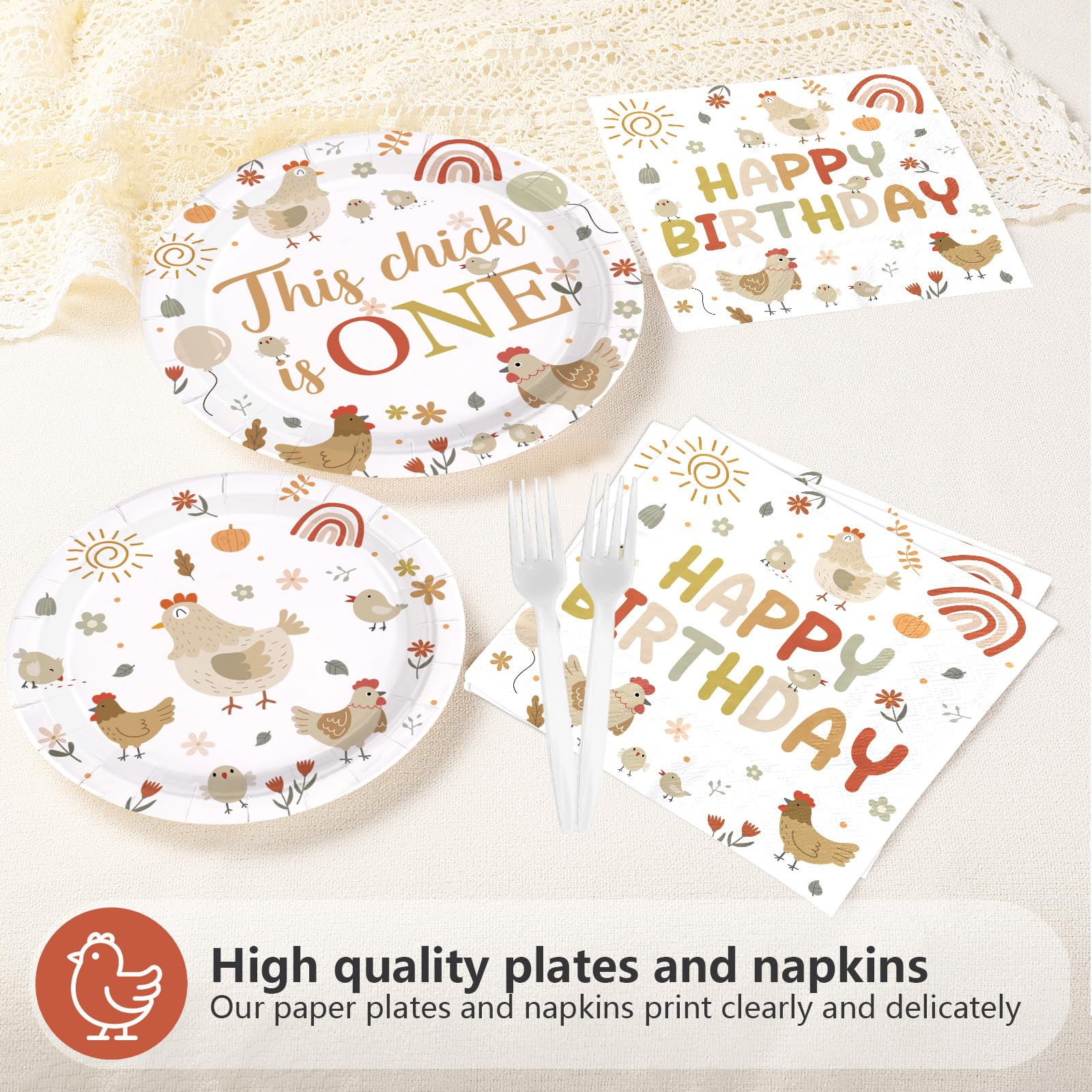 96 Pcs Chicken 1st Birthday Party Plates and Napkins - Grencian