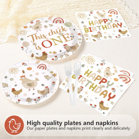 96 Pcs Chicken 1st Birthday Party Plates and Napkins - Grencian