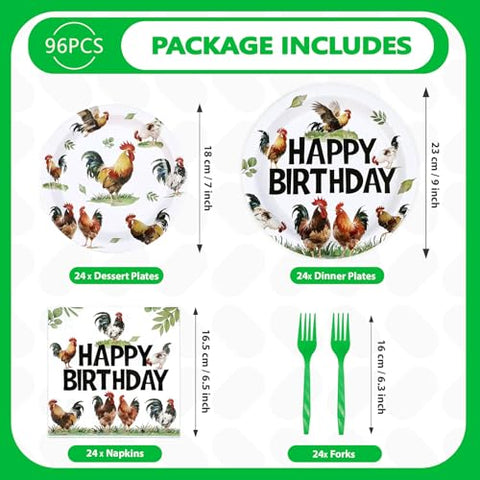 96 Pcs Chicken Rooster Birthday Party Plates and Napkins - Grencian