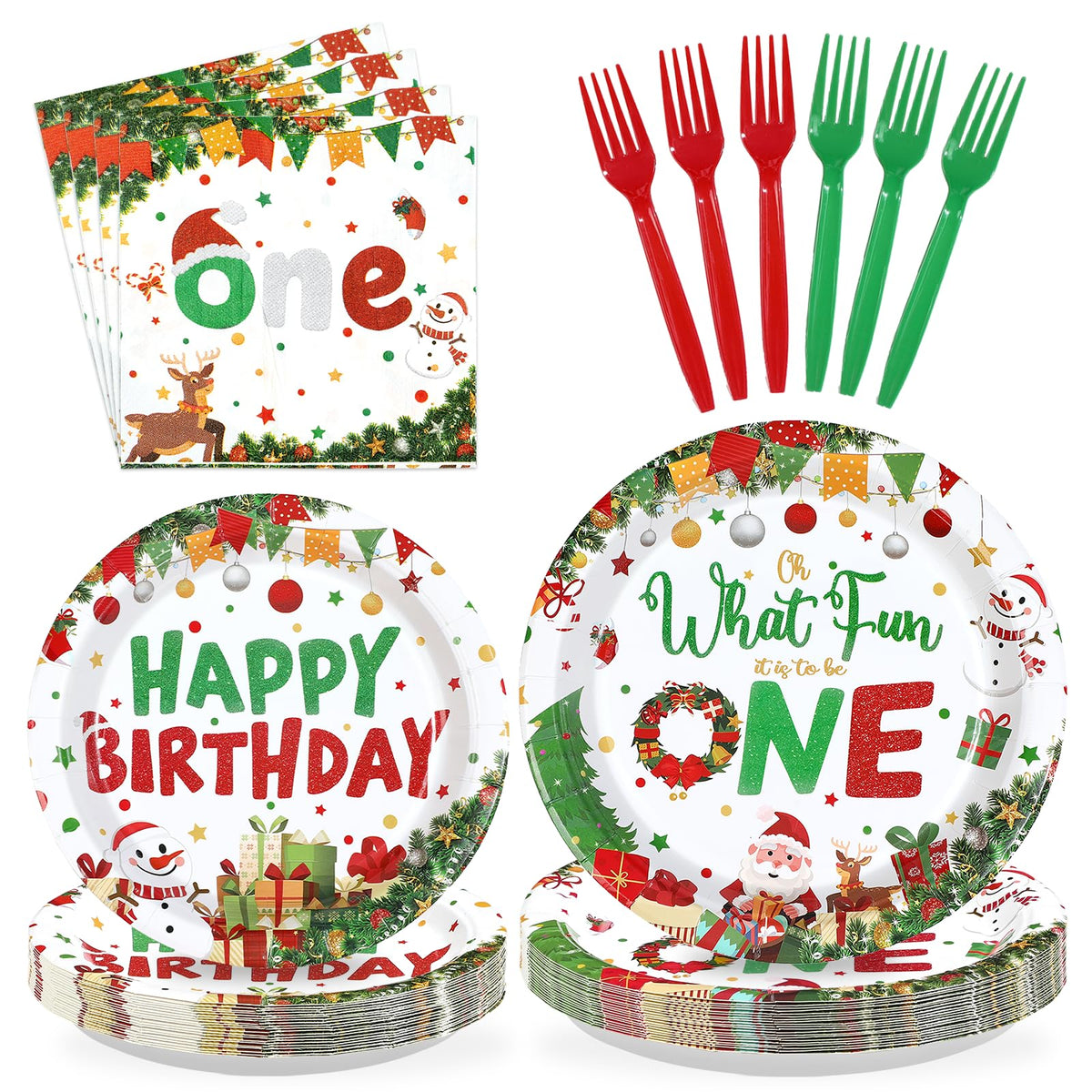 96 Pcs Christmas 1st Birthday Party Plates and Napkins - Grencian