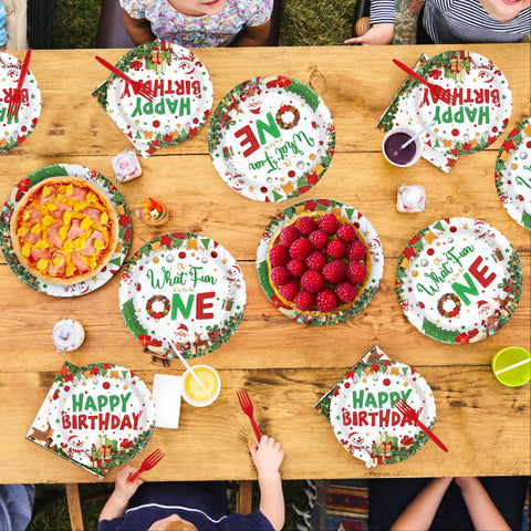 96 Pcs Christmas 1st Birthday Party Plates and Napkins - Grencian