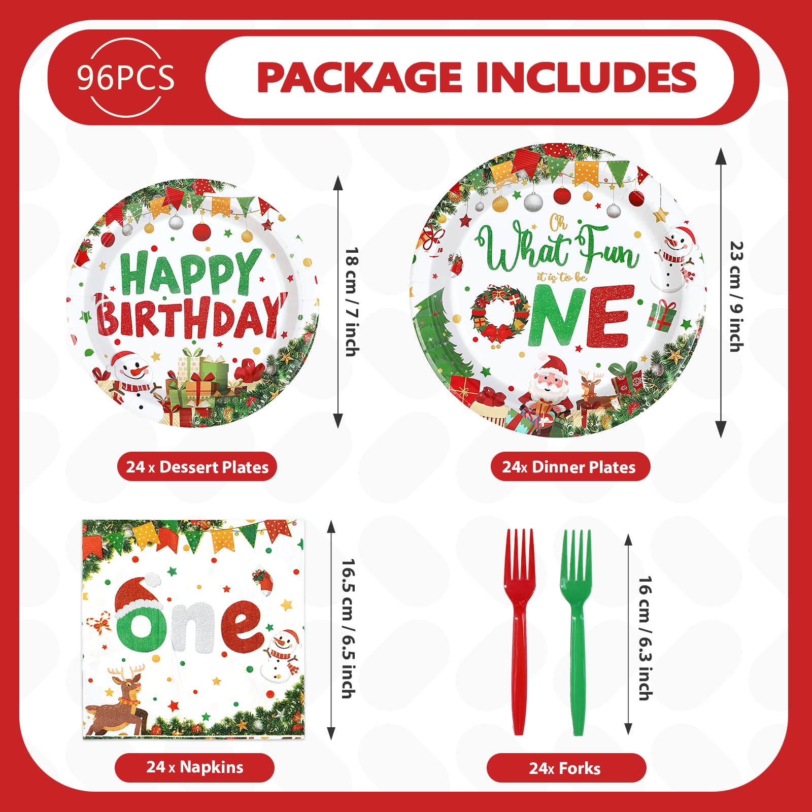 96 Pcs Christmas 1st Birthday Party Plates and Napkins - Grencian