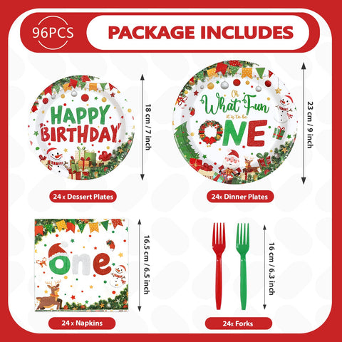 96 Pcs Christmas 1st Birthday Party Plates and Napkins - Grencian