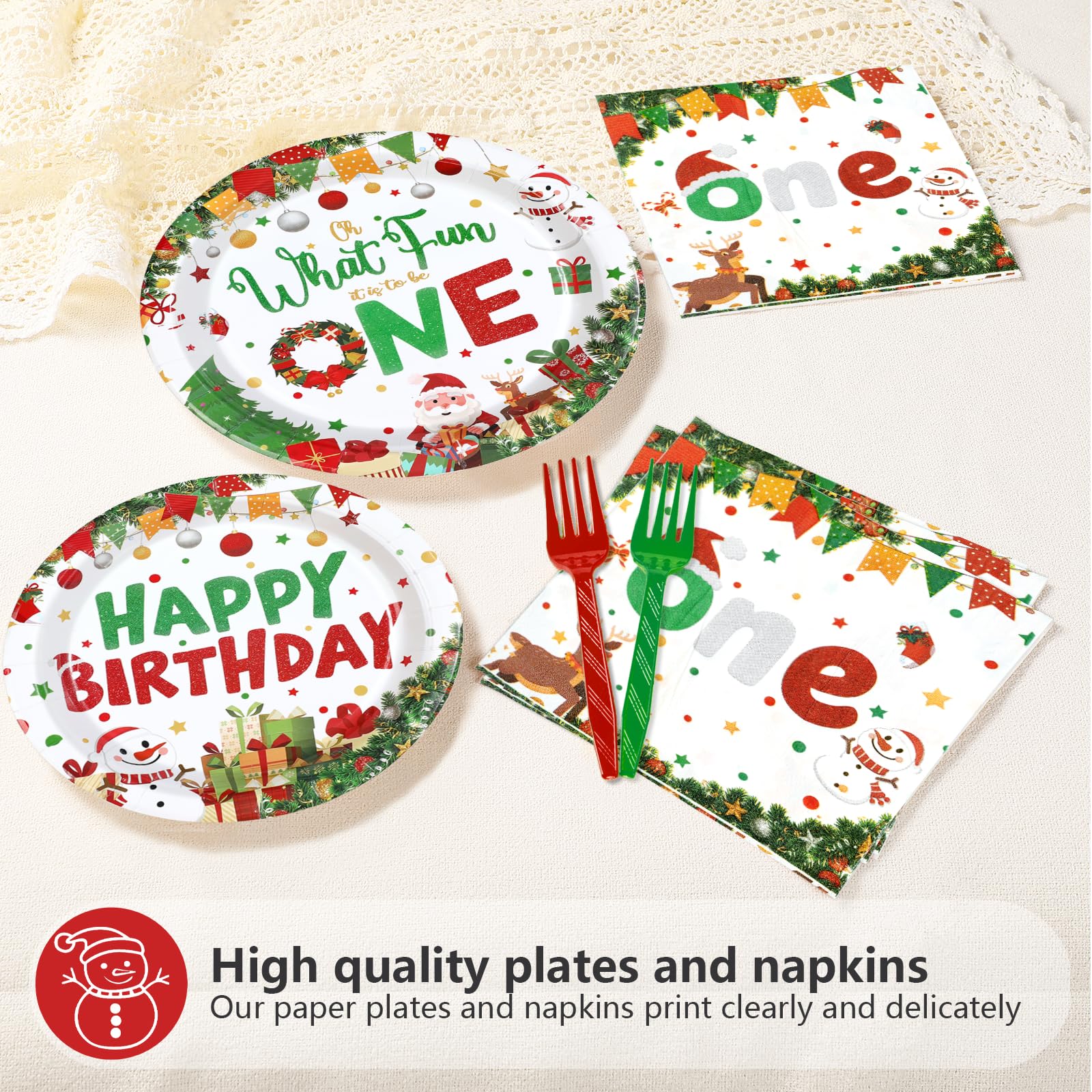 96 Pcs Christmas 1st Birthday Party Plates and Napkins - Grencian