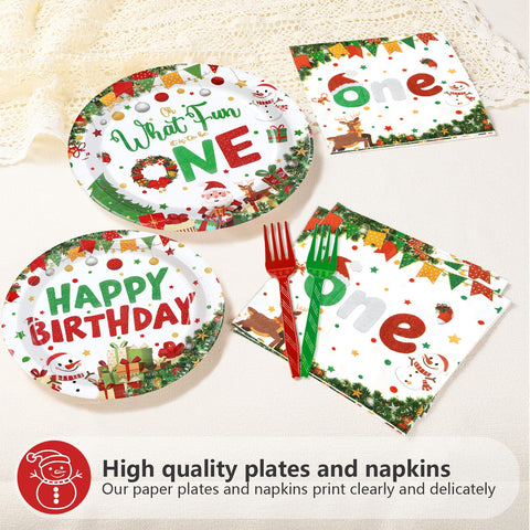 96 Pcs Christmas 1st Birthday Party Plates and Napkins - Grencian