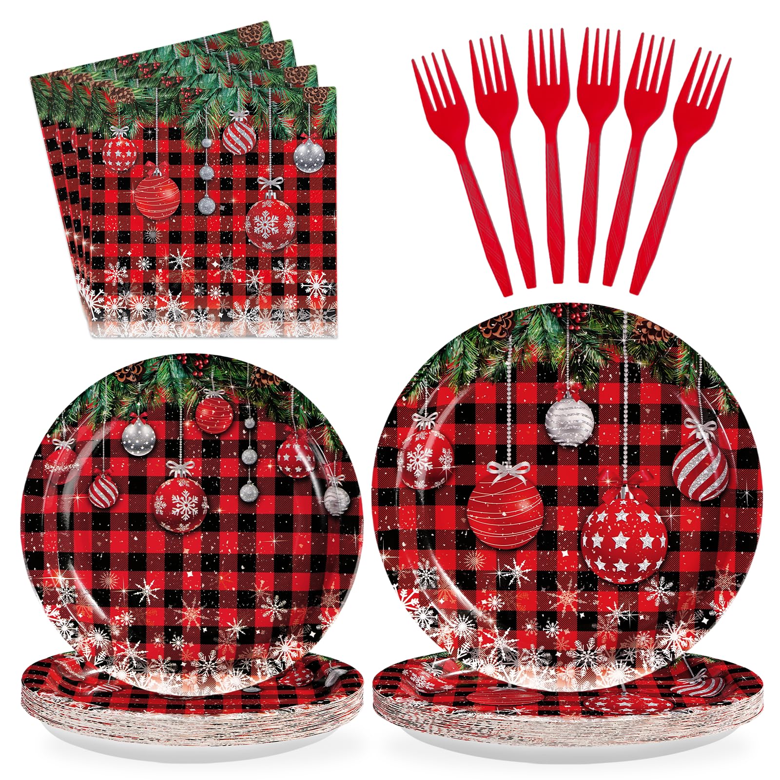 96 Pcs Christmas Ball Buffalo Plaid Party Plates and Napkins - Grencian