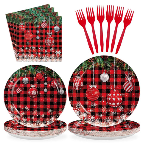 96 Pcs Christmas Ball Buffalo Plaid Party Plates and Napkins - Grencian