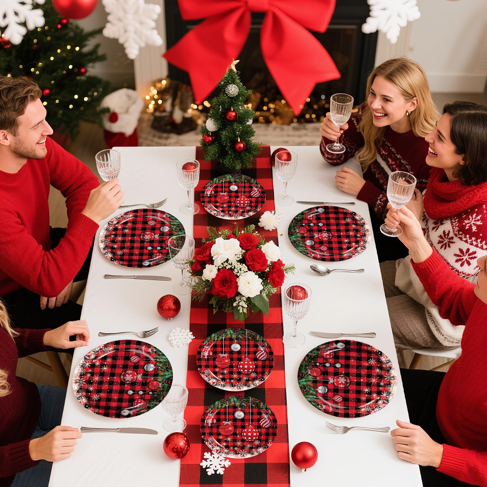 96 Pcs Christmas Ball Buffalo Plaid Party Plates and Napkins - Grencian