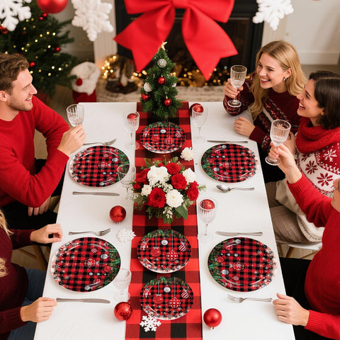 96 Pcs Christmas Ball Buffalo Plaid Party Plates and Napkins - Grencian