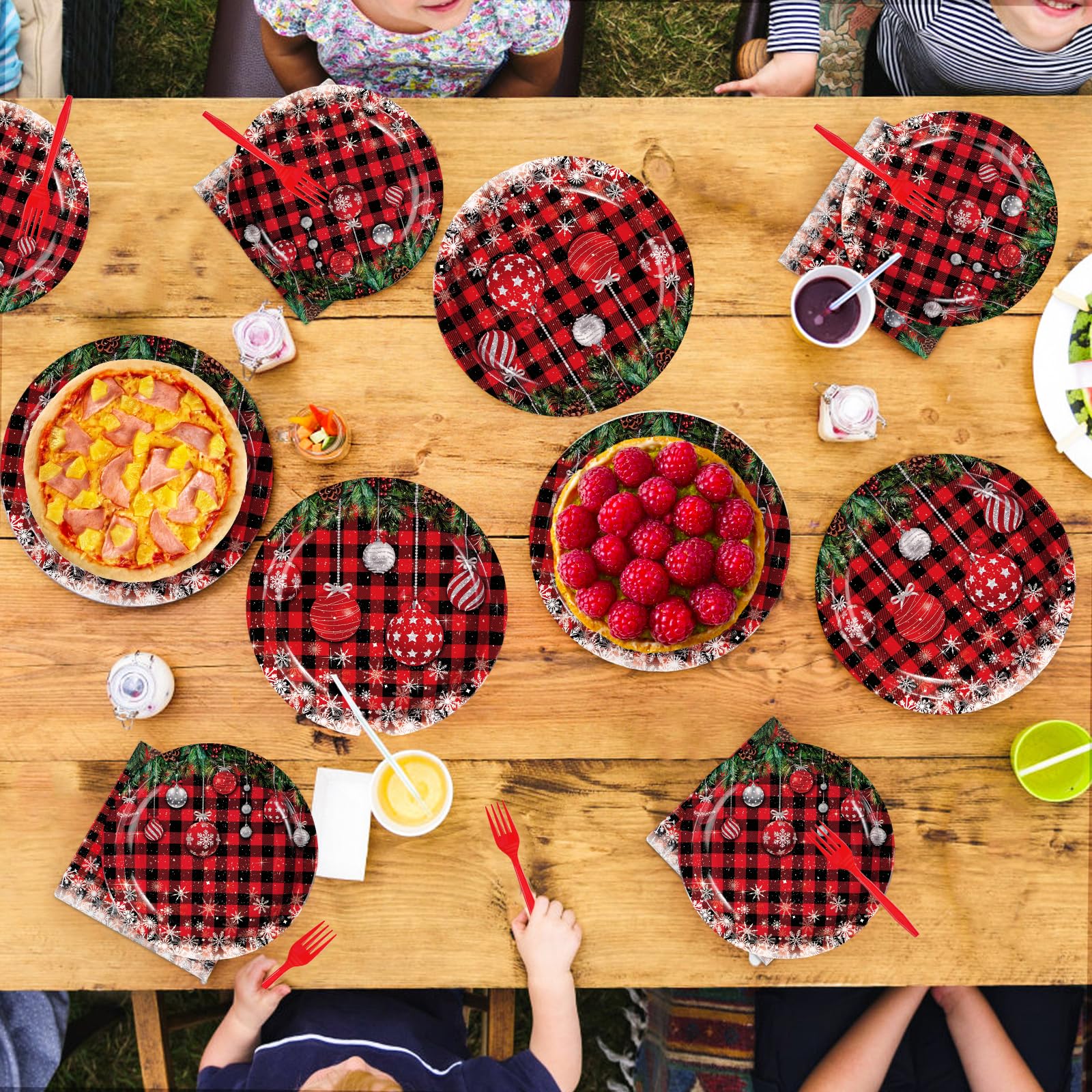 96 Pcs Christmas Ball Buffalo Plaid Party Plates and Napkins - Grencian