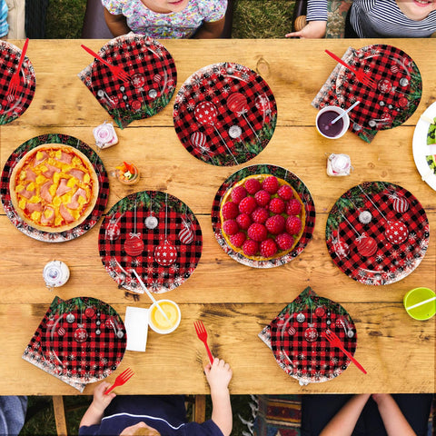 96 Pcs Christmas Ball Buffalo Plaid Party Plates and Napkins - Grencian