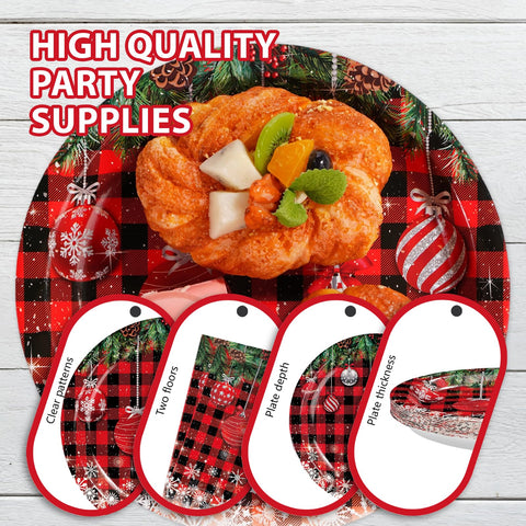 96 Pcs Christmas Ball Buffalo Plaid Party Plates and Napkins - Grencian