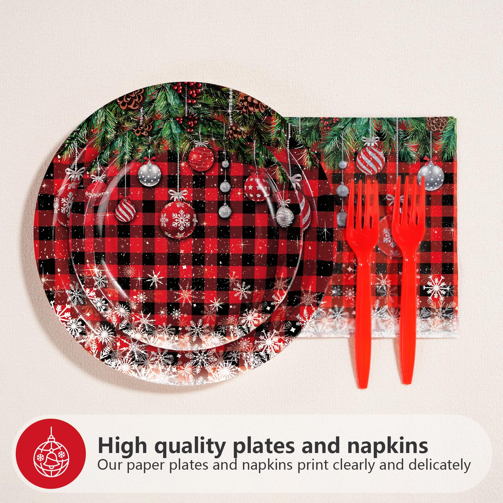 96 Pcs Christmas Ball Buffalo Plaid Party Plates and Napkins - Grencian