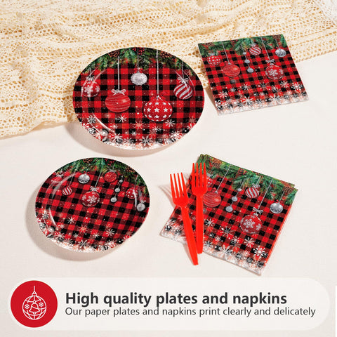 96 Pcs Christmas Ball Buffalo Plaid Party Plates and Napkins - Grencian
